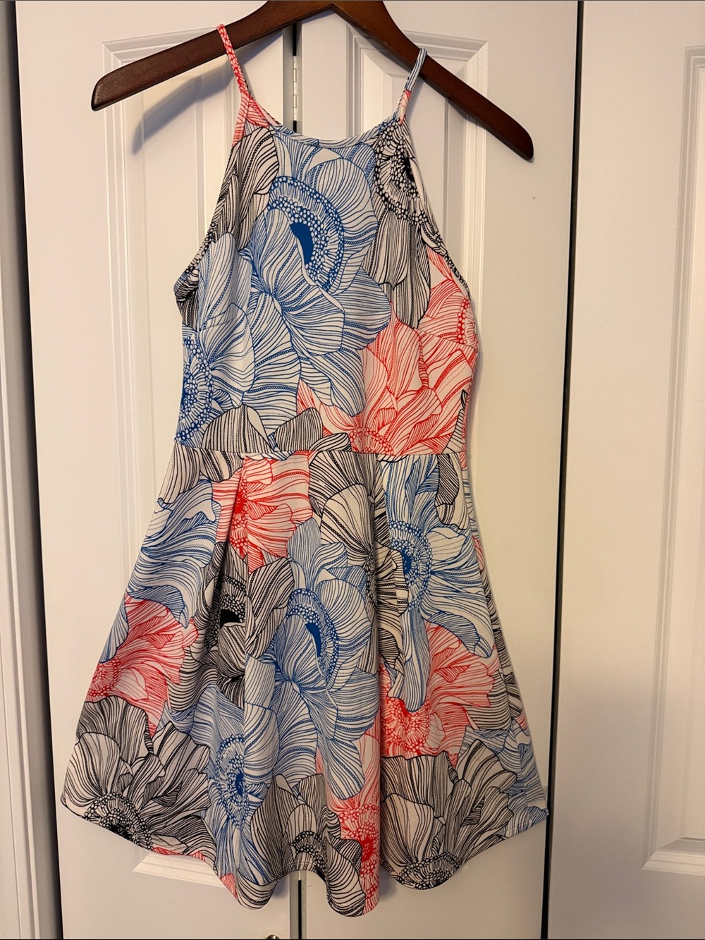 Soprano Floral Halter Dress in Blue, Coral & Gray